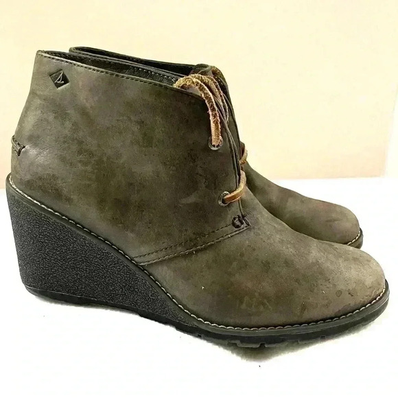 Sperry Harlow Burnish Gray Leather Wedge Almond Toe Chukka Booties Size 8 - Picture 1 of 13